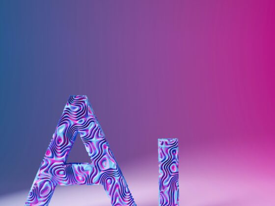 Abstract sculpture made of pink, blue, and purple striped ribbons twisting upward against a blue-to-pink gradient background.