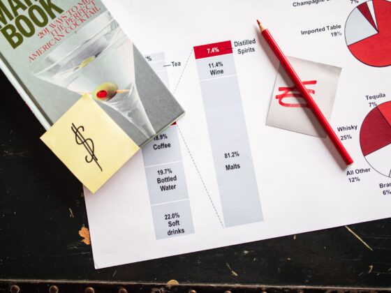 Close-up of a data report with pie charts and a red pencil, a 'MAXI BOOK' magazine, and yellow sticky note on a dark desk area.