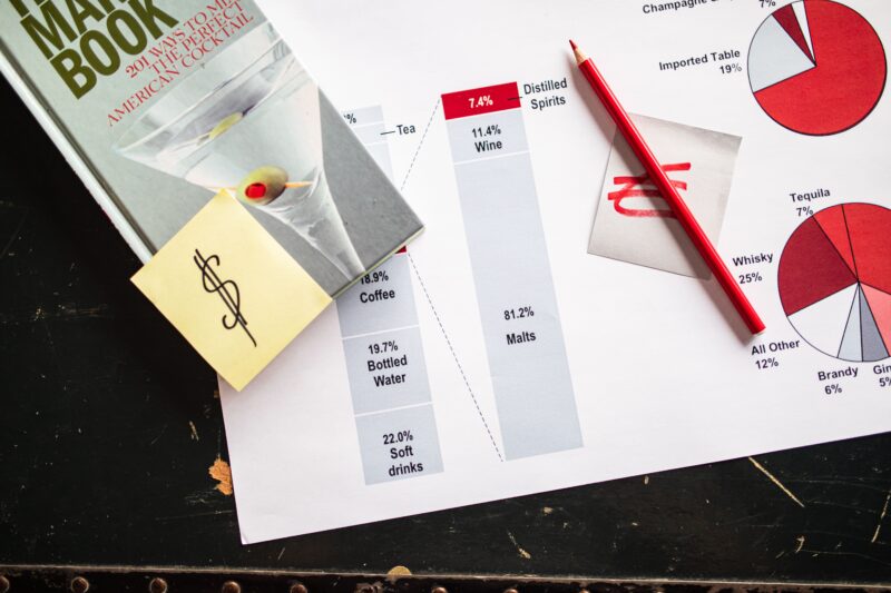 Close-up of a data report with pie charts and a red pencil, a 'MAXI BOOK' magazine, and yellow sticky note on a dark desk area.