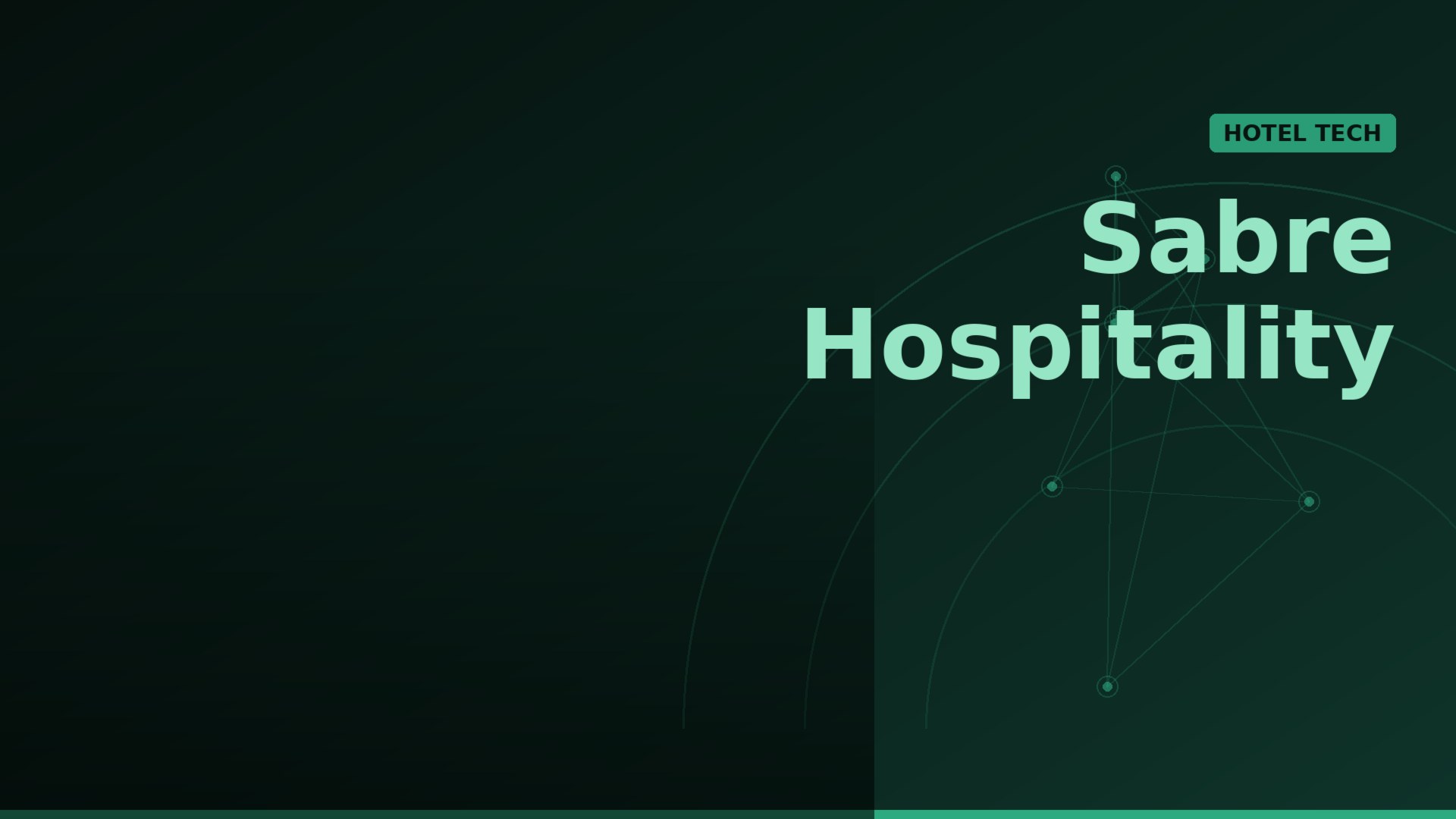 Sabre Hospitality branding banner on a dark green gradient with a green 'HOTEL TECH' badge and network graphics.