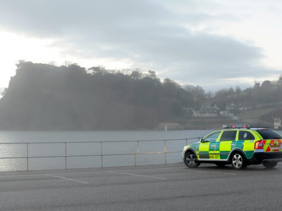 Ambulance car parked by a seaside promenade with a cliff and calm water in the background on a cloudy day