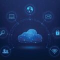 Central glowing cloud connected by a network, surrounded by icons for world/internet, laptop, email, lock, Wi‑Fi, users, and search (cloud computing concept).