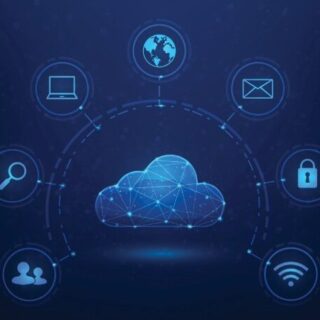 Central glowing cloud connected by a network, surrounded by icons for world/internet, laptop, email, lock, Wi‑Fi, users, and search (cloud computing concept).
