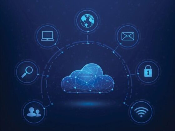 Central glowing cloud connected by a network, surrounded by icons for world/internet, laptop, email, lock, Wi‑Fi, users, and search (cloud computing concept).