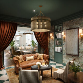 Luxurious living room with green paneled walls, red velvet curtains, and a brown leather Chesterfield sofa around a black coffee table.