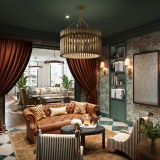Luxurious living room with a tufted brown leather sofa, patterned cushions, round coffee table, and green paneled walls with built‑in bookshelves and warm lighting.