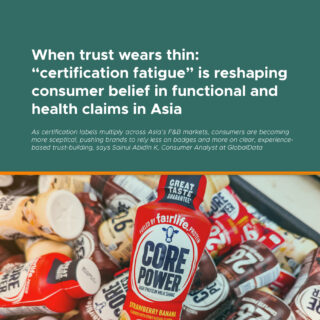 Teal hero image with a large headline about certification fatigue and consumer trust in Asia, plus a pile of protein drinks at the bottom and a caption reading 'Saladplate Whitepaper – November 2025'.