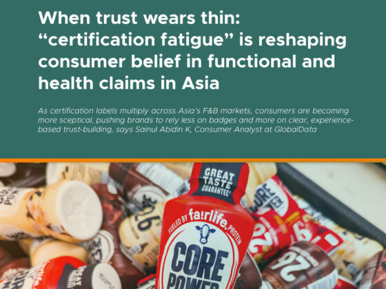 Teal hero image with a large headline about certification fatigue and consumer trust in Asia, plus a pile of protein drinks at the bottom and a caption reading 'Saladplate Whitepaper – November 2025'.