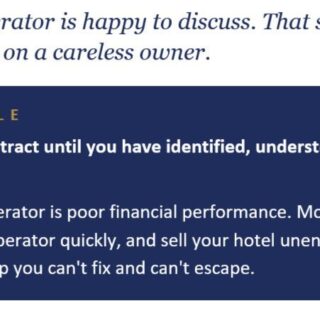Quote on a white background about fees, followed by a blue panel titled 'The 133-Provision Rule' that warns: do not sign a hotel management contract until you identify and understand all 133 provisions, as those provisions aim to protect you from a bad operator and allow an easy exit.