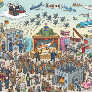 A crowded exhibition scene with multiple pavilions (GDS Toll, Plumbing Pavilion, India Pavilion) and a central stage labelled 'SOLD?' where a plane is shown; crowds fill aisles and balloons float above stalls.
