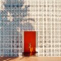 Perforated white wall with square grid pattern and a red double door in the center; a person's shadow is cast across the wall above the door.