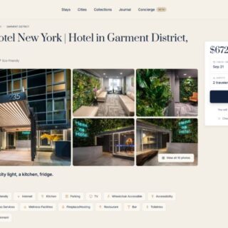 Gallery collage of Henn na Hotel New York in the Garment District, showing exterior entrance, lobby interior, and greenery.