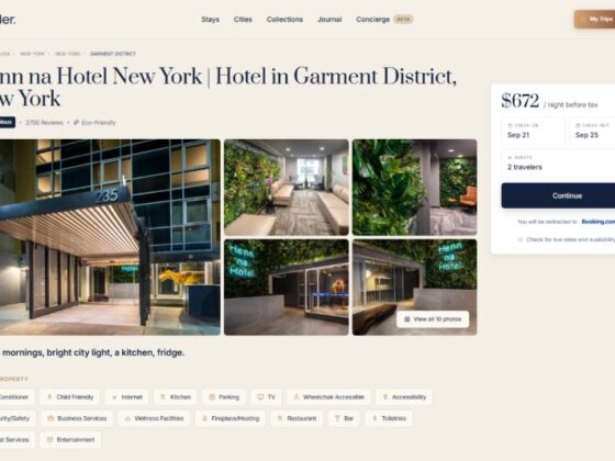 Gallery collage of Henn na Hotel New York in the Garment District, showing exterior entrance, lobby interior, and greenery.