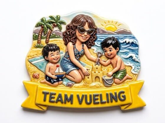 Cartoon of a woman and two children building a sandcastle on a sunny beach; palm trees and waves in the background, banner reads TEAM VUELING.