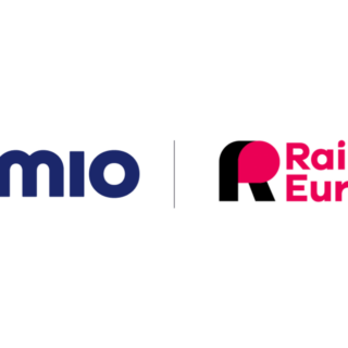 Omio logo in blue with a pink dot next to the Rail Europe logo separated by a vertical divider.