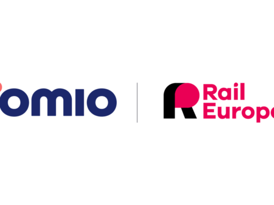 Omio logo in blue with a pink dot next to the Rail Europe logo separated by a vertical divider.