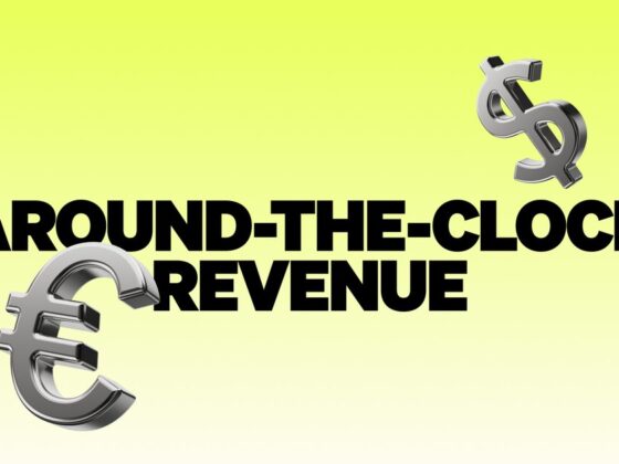 Bold black headline 'AROUND-THE-CLOCK REVENUE' on a yellow gradient background with metallic euro and dollar symbols orbiting nearby.