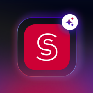 Red rounded-square app icon with a white S, surrounded by a purple glow on a gradient background, plus a small sparkle badge at the top-right.