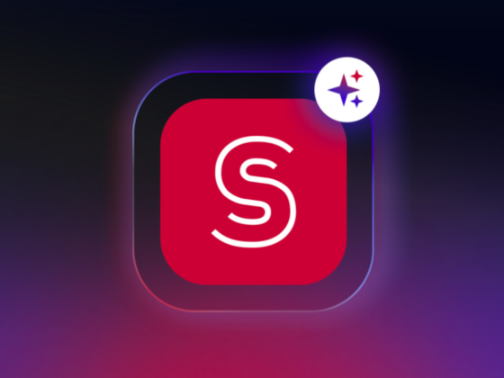 Red rounded-square app icon with a white S, surrounded by a purple glow on a gradient background, plus a small sparkle badge at the top-right.