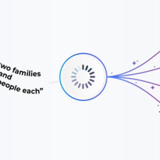 Smartphone on the left with a loading spinner in the center, lines fan out to three white rounded cards on the right, with a quote about two families sharing three people each.