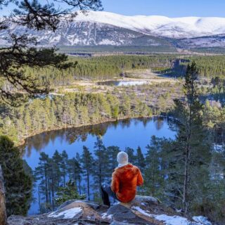 Person in an orange jacket sits on a rocky ledge overlooking a forested lake with snow-capped mountains in the distance.
