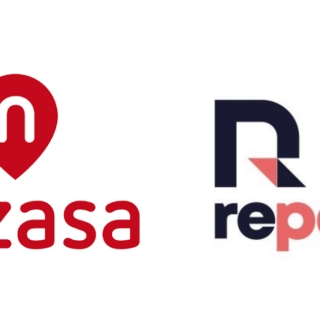 Nezasa logo (red teardrop marker with lowercase text) paired with Repayd logo (navy R and coral letters) side by side on white background, left to right.