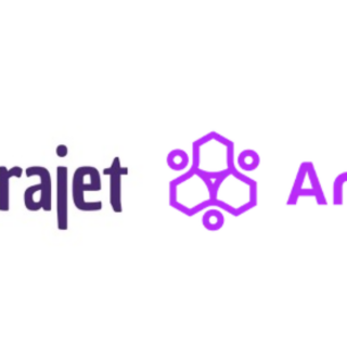 Logo pair showing Arajet and Arcube: colorful circular bird icon with 'arajet' text, followed by a purple hexagon motif and 'Arcube' text