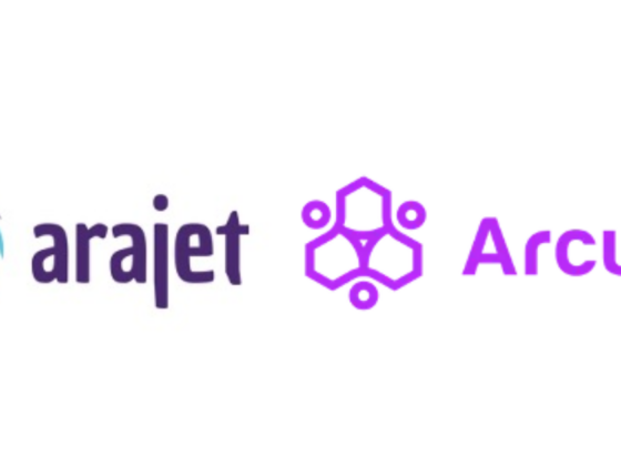 Logo pair showing Arajet and Arcube: colorful circular bird icon with 'arajet' text, followed by a purple hexagon motif and 'Arcube' text