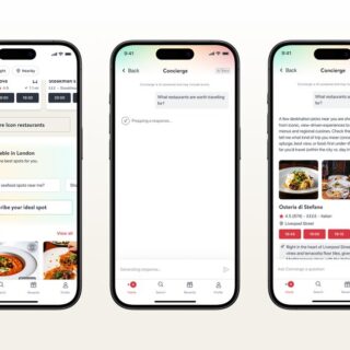 Three iPhone screens showing a restaurant discovery app: search, concierge chat, and dining results. Useful for a mobile UX demo.