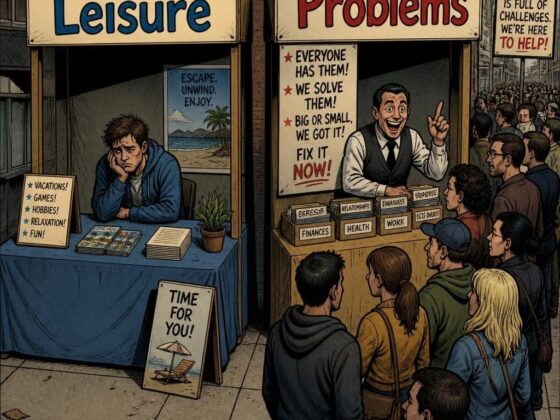 Two storefronts labeled Leisure and Problems; a weary attendant sits at the Leisure booth while a long line forms at the Problems booth with signs promising to solve problems.