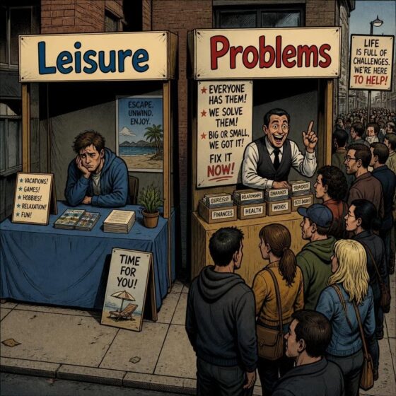 Two storefronts labeled Leisure and Problems; a weary attendant sits at the Leisure booth while a long line forms at the Problems booth with signs promising to solve problems.