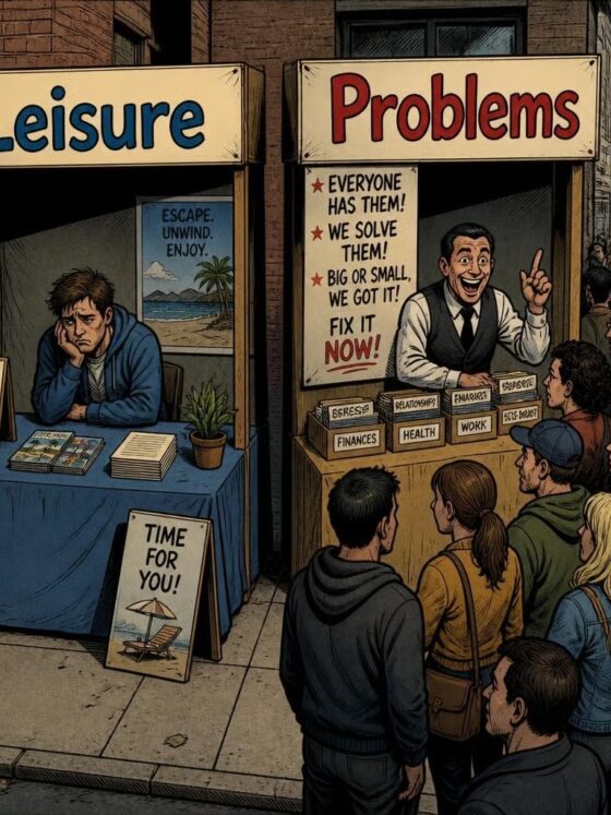 Two storefronts labeled Leisure and Problems; a weary attendant sits at the Leisure booth while a long line forms at the Problems booth with signs promising to solve problems.