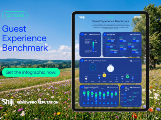 Hero image showing the blue 'Guest Experience Benchmark' title with a Q2 2026 badge, a tablet displaying blue infographic panels on a field and sky background, a mint CTA 'Get the infographic now!', and Shiji ReviewPro logos bottom-left.
