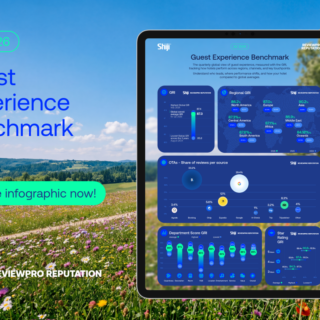 Hero image showing the blue 'Guest Experience Benchmark' title with a Q2 2026 badge, a tablet displaying blue infographic panels on a field and sky background, a mint CTA 'Get the infographic now!', and Shiji ReviewPro logos bottom-left.