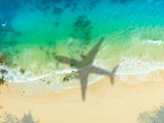 Aerial view of turquoise ocean meeting a sandy beach, with a large airplane shadow across the water near the shore.