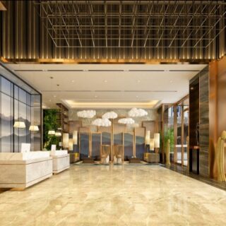 Luxurious hotel lobby with marble floors, a white reception desk, and seating area under cloud-shaped pendant lights.