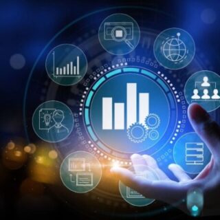 A hand touches a glowing holographic dashboard with a central bar chart and surrounding data icons, representing analytics-operated insights.
