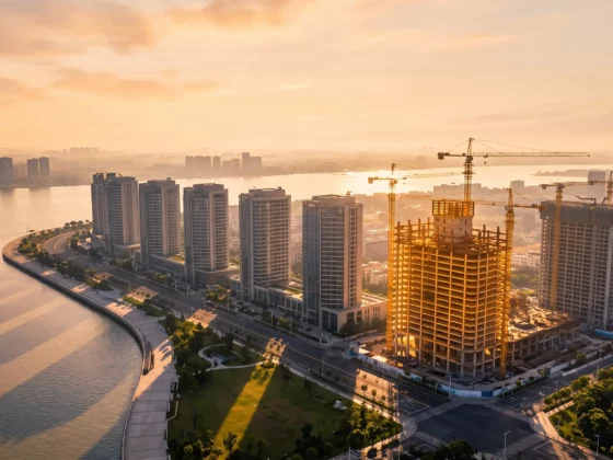 Aerial view of a coastal city at sunset with tall buildings along the water and construction cranes in the foreground.