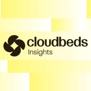 Cloudbeds Insights logo with a black circular abstract icon to the left of the text on a bright yellow mosaic background.