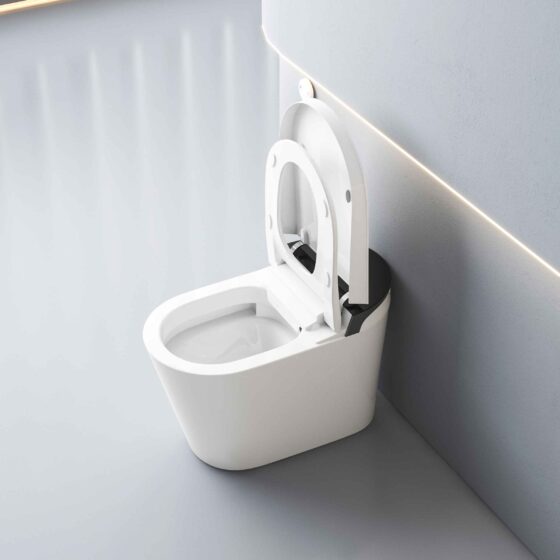 White modern toilet with open lid in a bright, minimalist bathroom featuring a wall with angled lighting strip nearby.