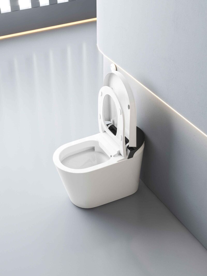White modern toilet with open lid in a bright, minimalist bathroom featuring a wall with angled lighting strip nearby.