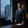 Businessman in a dark suit stands by a conference table with documents in a modern office overlooking a city skyline