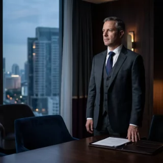 Businessman in a dark suit stands by a conference table with documents in a modern office overlooking a city skyline