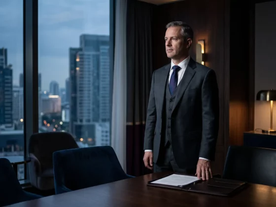Businessman in a dark suit stands by a conference table with documents in a modern office overlooking a city skyline