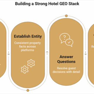 Four-step infographic: Fix Access, Establish Entity, Answer Questions, Corroborate Facts to build a hotel GEO stack.