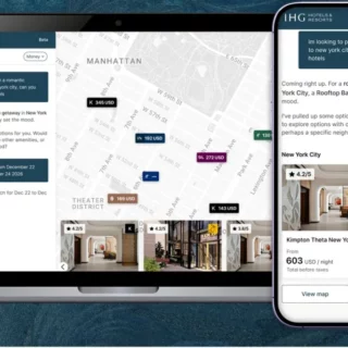 Map-based hotel search UI shown on laptop and smartphone, with NYC area markers and hotel cards.