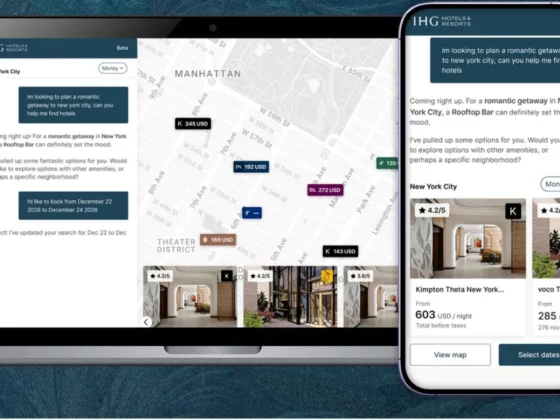 Map-based hotel search UI shown on laptop and smartphone, with NYC area markers and hotel cards.