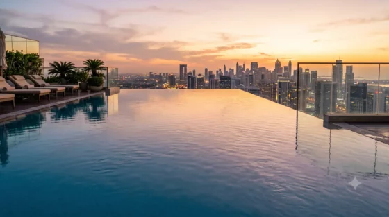 Rooftop infinity pool at sunset with lounge chairs and potted plants, overlooking a city skyline.