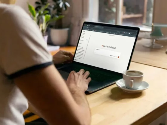 Person typing on a laptop at a wooden table with a cup of coffee nearby; the laptop screen shows a login page with the message 'Back at it, Gabriel'.