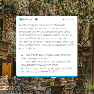 Outdoor hotel courtyard with metal tables and chairs and a floating AI Report dialog summarizing guest feedback about staff, decor, and service.